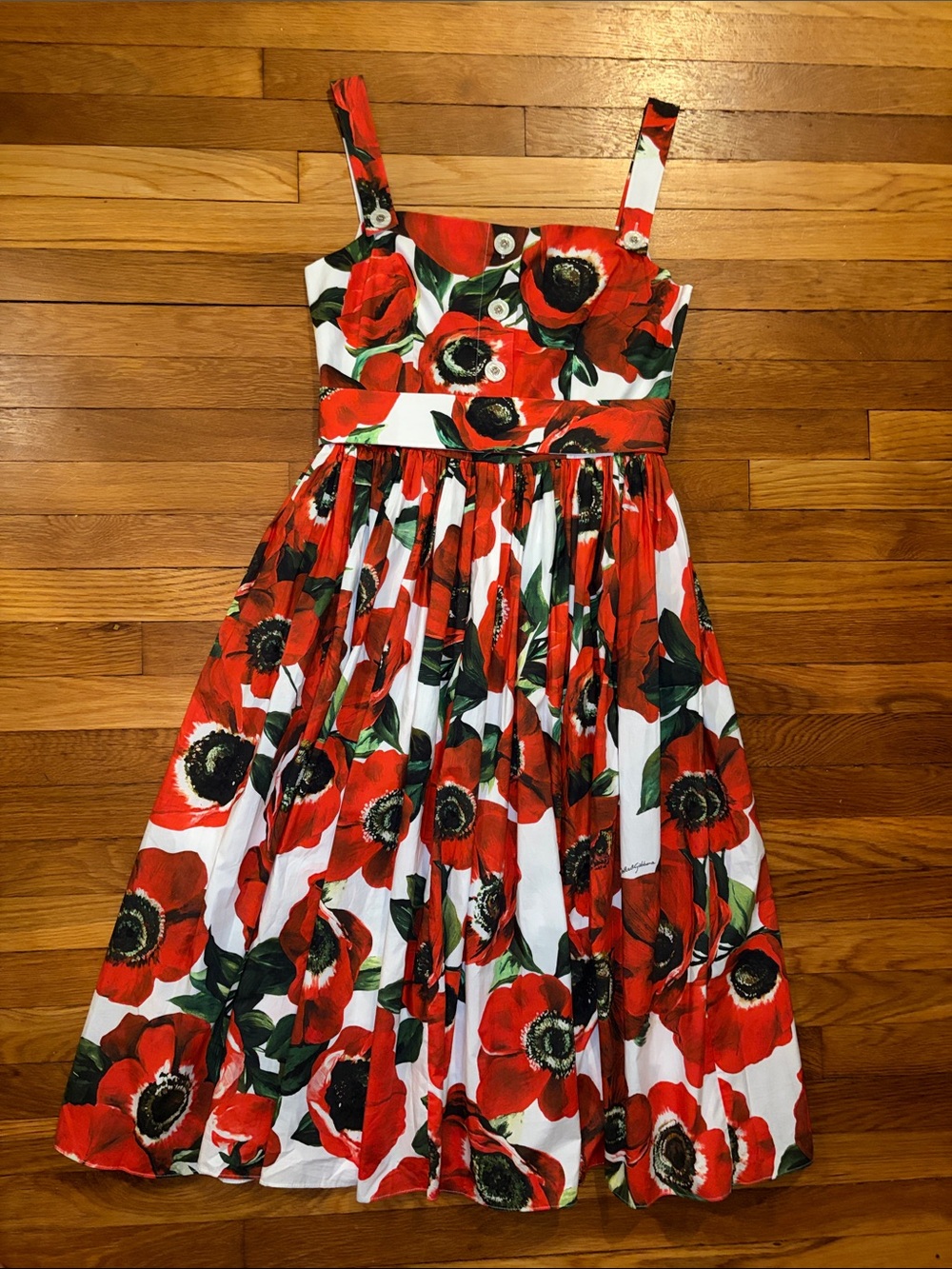 Dolce & Gabbana Cotton Sun Dress with Anemone - Red Floral Midi - IT 44 - US 8 - Picture 4 of 12